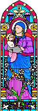 Farbiges Kirchenfenster, Darstellung von Maria mit Jesus